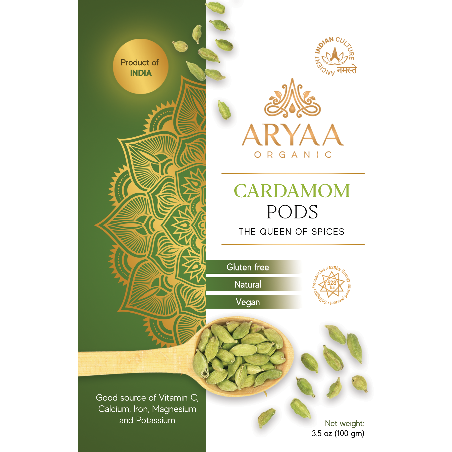 Aryaa Organic Cardamom Pods (Fancy Green) Energy Infused