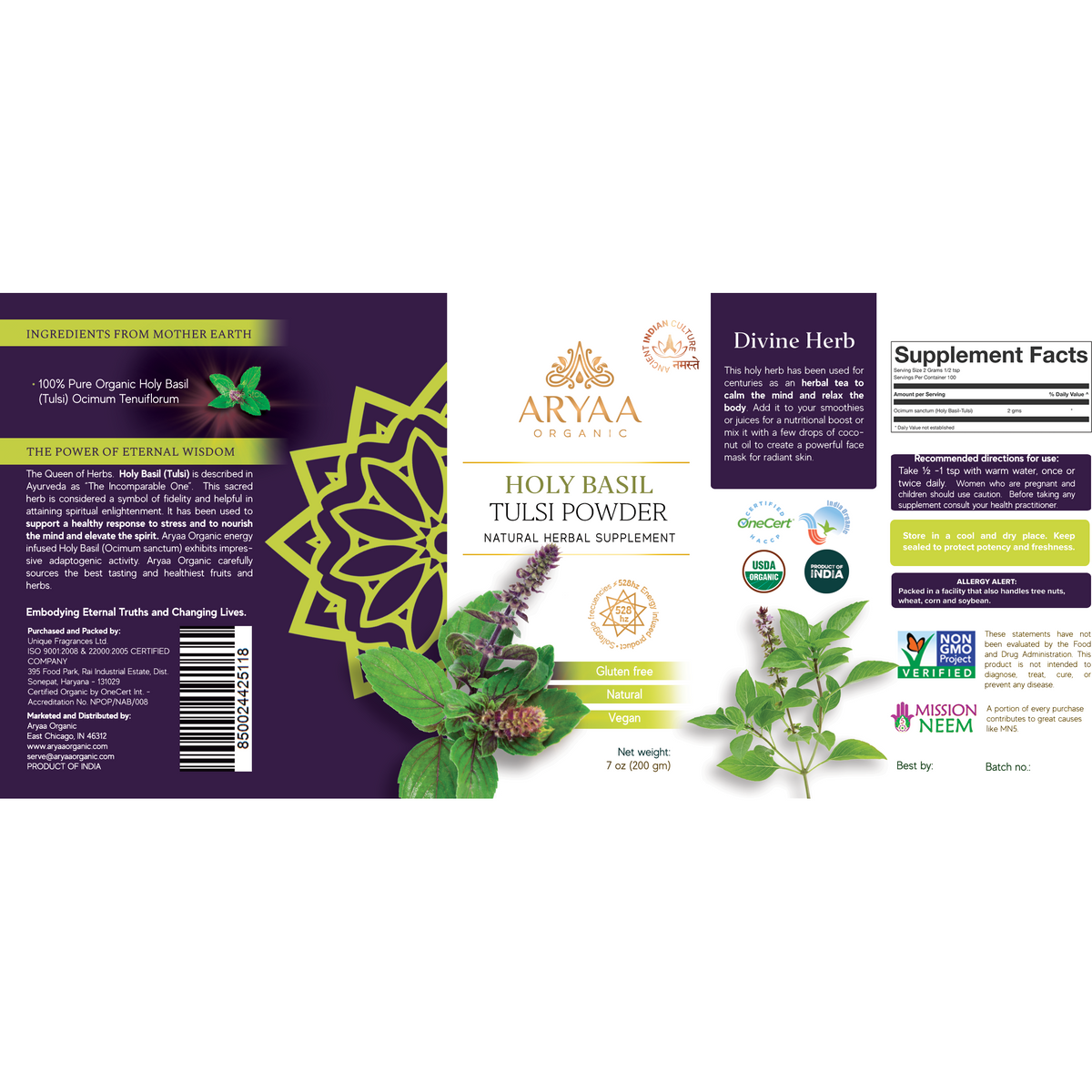 Aryaa Organic Holy Basil Powder - Organic (Tulsi) Energy Infused