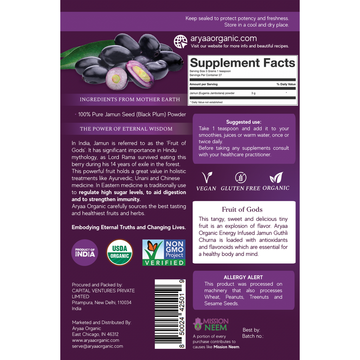 Aryaa Organic Jamun Powder - (Organic Indian Blackberry) Energy Infused