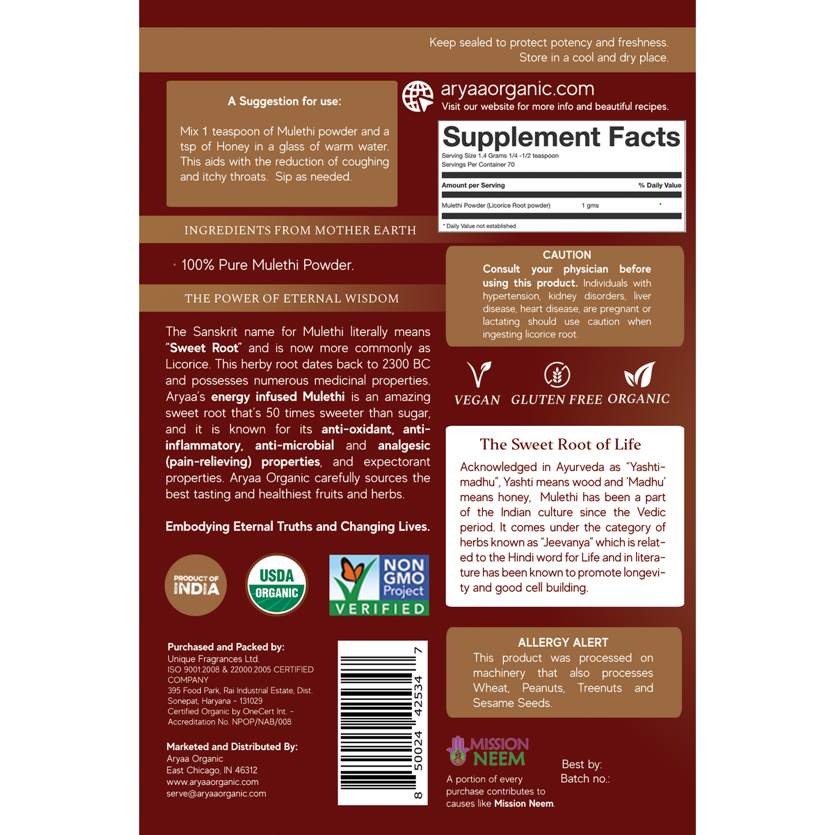 Aryaa Organic Mulethi Powder (Organic Licorice)- Energy Infused