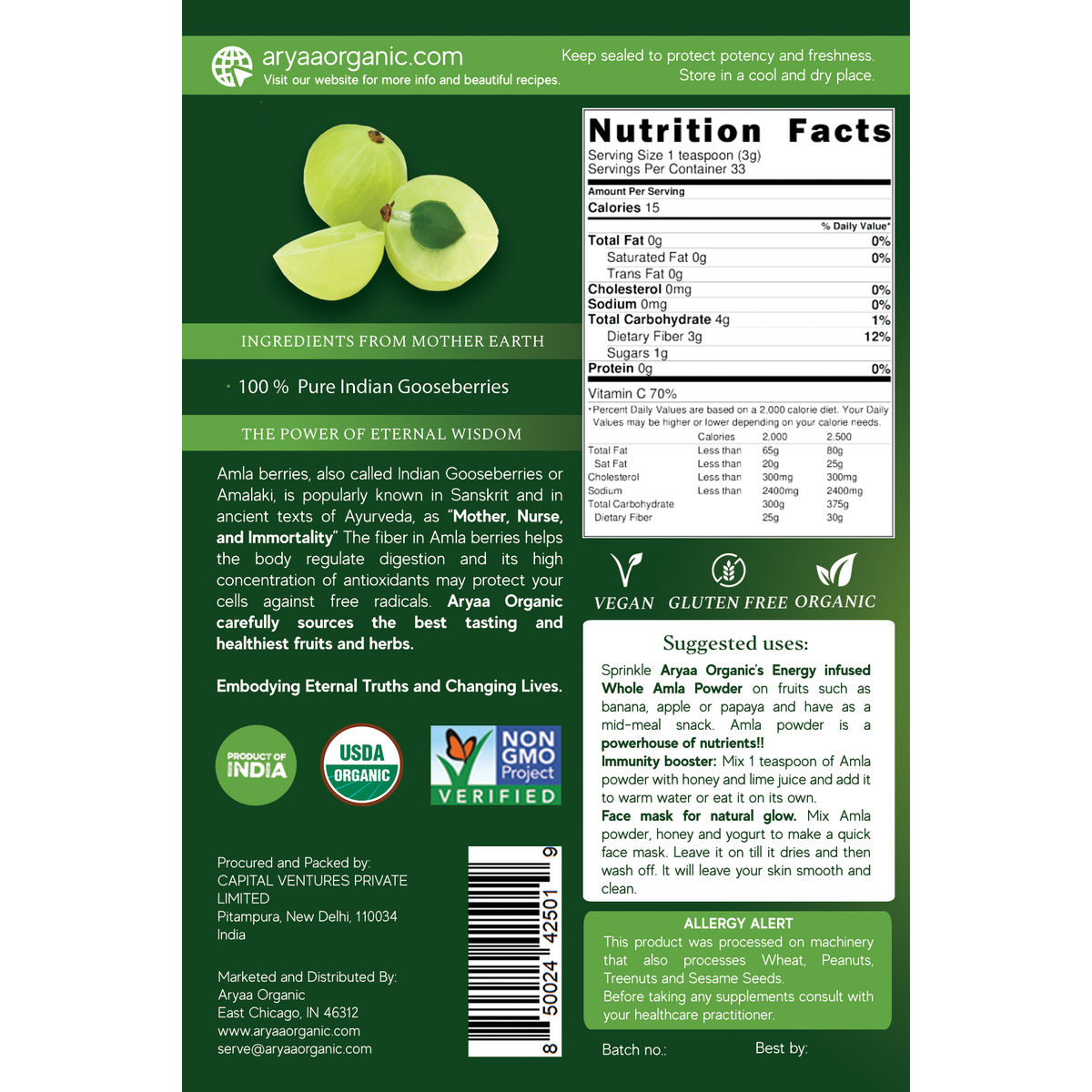 Aryaa Organic Amla Powder (Dried Indian Gooseberries)- Energy Infused